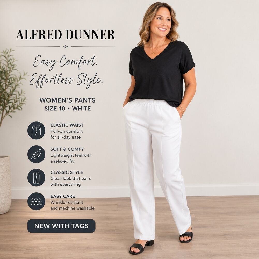 Alfred Dunner Womens Pants Sz 10 White Pull On Elastic Waist Casual Straight Leg